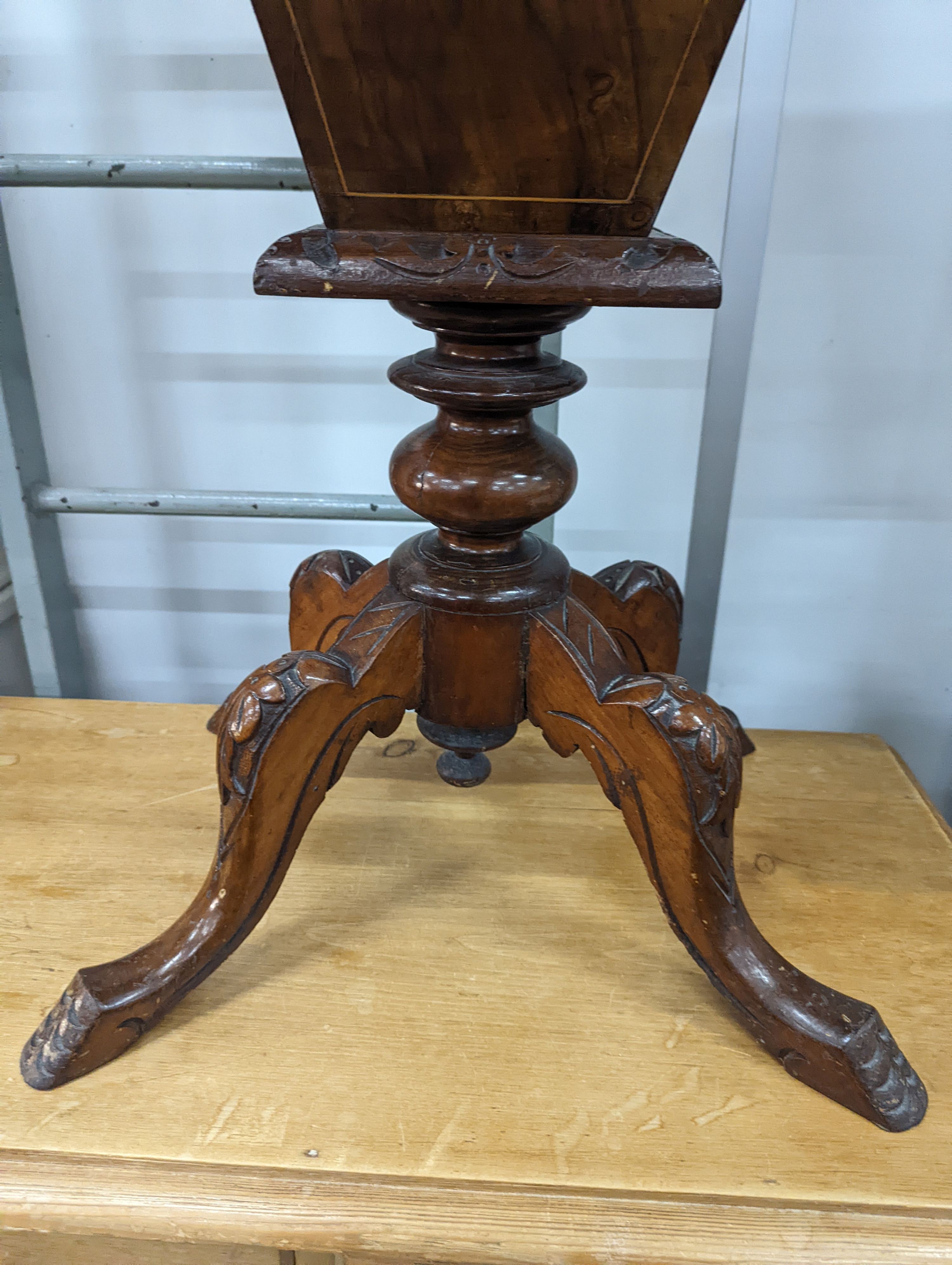 A Victorian walnut trumpet work table, the hinged top inset with a Tunbridge inlaid view of Eridge Castle, width 49cm, depth 38cm, height 72cm